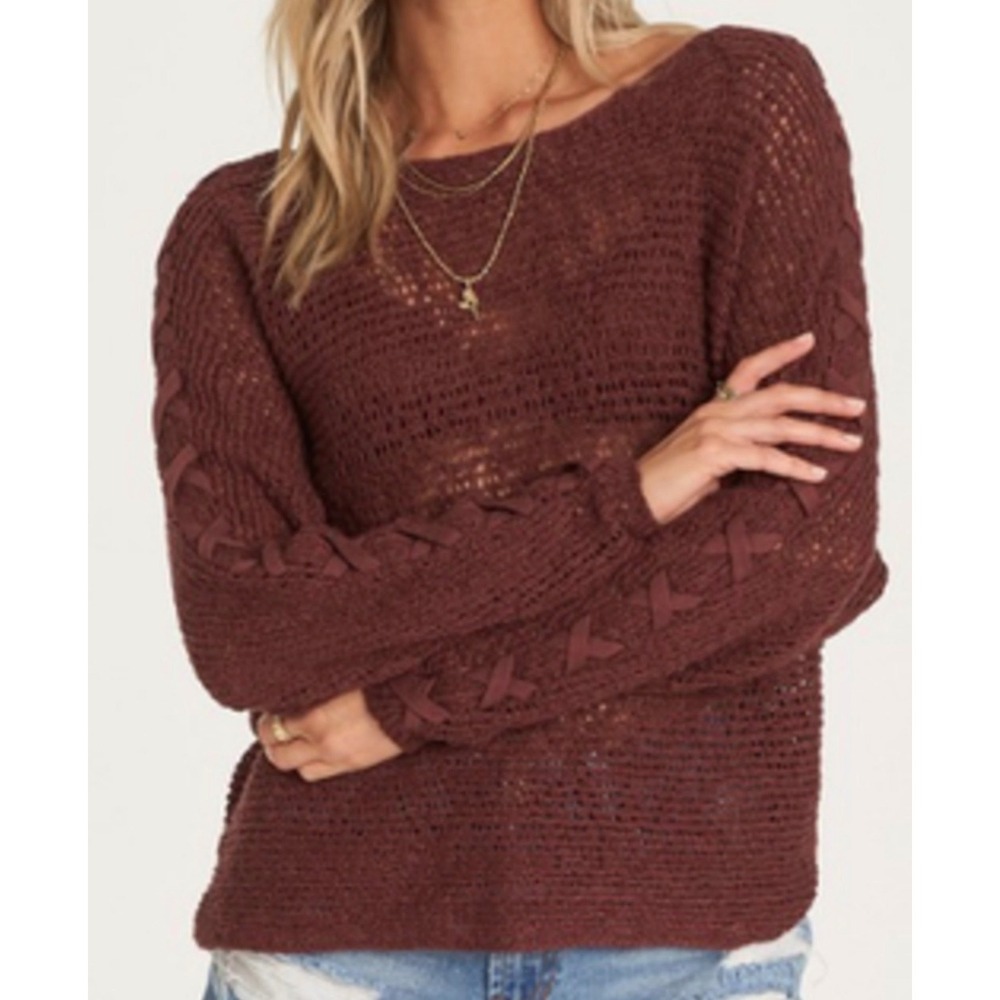 Billabong Womens Burgundy Open Knit Lace Up Sweater Small Boho Coastal Festival - Picture 9 of 10